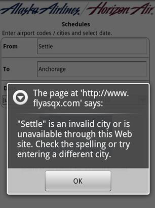 Trouble typing a city name on the Alaska Airlines mobile Web site
